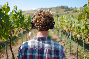 Generative AI: Young man enjoying music in a vineyard