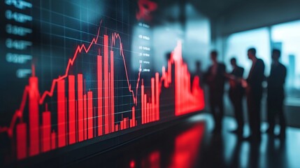 A group of people are standing in front of a large screen with red graphs on it