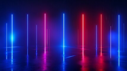 An abstract scene of glowing neon lights, featuring vibrant blue and red colors with reflections on a dark surface.