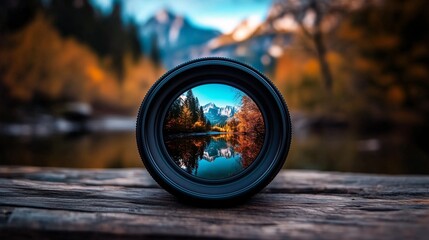 Camera lens focused on a mountain landscape with autumn trees reflected in water