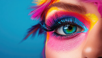 An eye with intricate makeup in bright colors, paired with feather details that enhance the creative, fantasy-inspired look