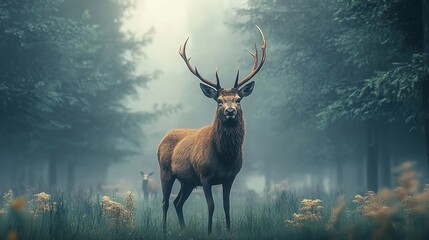 Tranquil Deer in Misty Forest Clearing Showcasing Nature s Serene Beauty