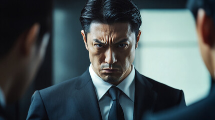 オフィスで部下を睨みつける上司　日本人　パワーハラスメント　イメージ　
Boss glaring at subordinates in the office, Japan people, power harassment, image