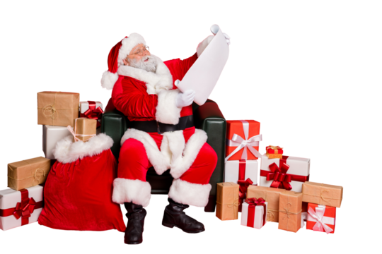 Kind generous funky fat overweight plump gray-haired bearded man sitting in chair post office reading wish list letter sending delivery winter isolated over bright vivid shine red background - Powered by Adobe