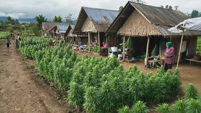 A row of simple houses with thatched roofs are located in a rural setting, next to a field of green plants. One woman stands outside one of the houses.