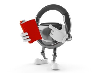 Car steering wheel character reading a book