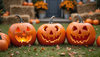 Fototapeta premium Pumpkins with carved friendly faces 