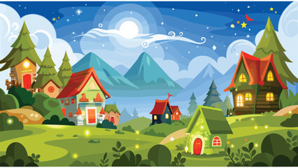 Whimsical fantasy village at night with cozy cottages and starry sky
