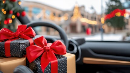 Luxurious gifts wrapped in black and gold checkered paper resting in an elegant car with festive decorations and the London City Castle in view