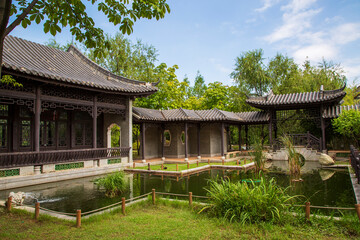 Hyowon Park, Suwon-si, Gyeonggi-do, South Korea - September 1, 2020: Traditional Chinese architecture, Wolhwawon Pavilion is on the pond