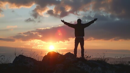 Fototapeta premium A man stands on a mountain top with his arms outstretched, silhouetted against the setting sun.
