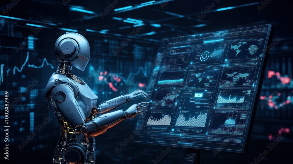 Poster A humanoid robot analyzing data on a large digital screen.