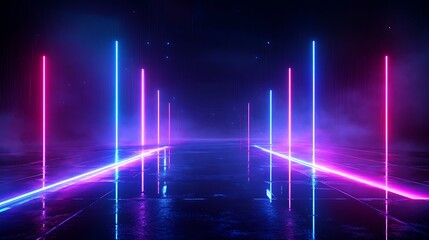 Fototapeta premium Dynamic neon lights create a vibrant atmosphere in a digital space with reflections.