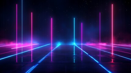 Fototapeta premium Dynamic neon lights create a vibrant, futuristic atmosphere with shadows and reflections on a dark background.