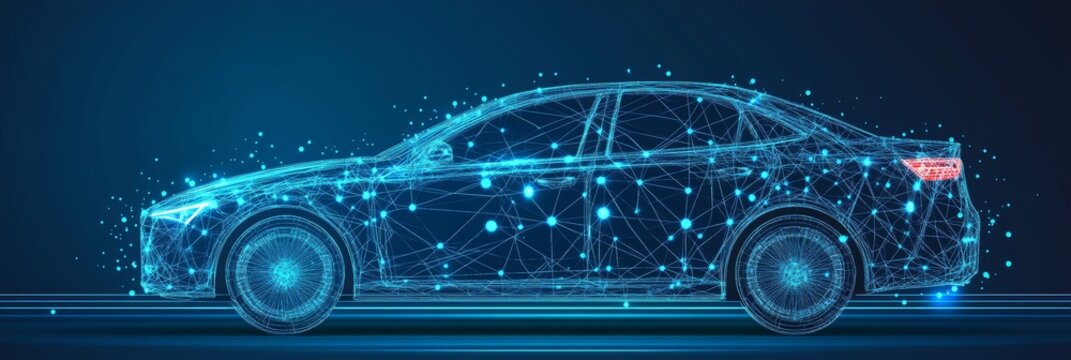 Abstract Wireframe Sedan Car Model on Dark Blue Background, Modern Automotive Technology - Powered by Adobe