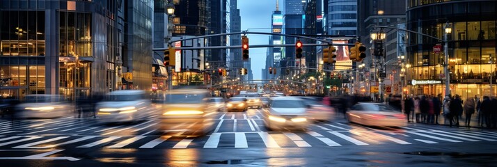 Busy traffic intersection in New York City at dusk with cars and pedestrians moving quickly