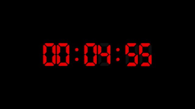Five-minute red digital countdown timer animation on black background. - Powered by Adobe