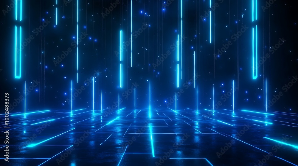 Poster futuristic abstract background with glowing blue lines and digital elements creating a sci-fi atmosp