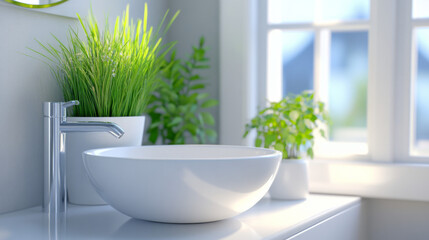 Fototapeta premium Modern bathroom design featuring sleek sink and greenery in bright natural light