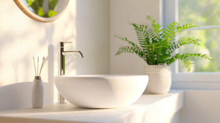 Fototapeta premium Bright and modern bathroom sink with a fern plant in natural light by the window