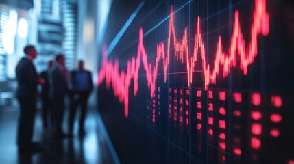 A group of people are standing in front of a large screen with red lines on it