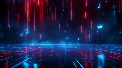 Fototapeta na wymiar Futuristic abstract digital landscape with glowing neon blue and red lines, creating a vibrant and immersive atmosphere.