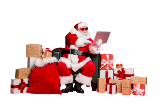 Nice focused hard-working fat bearded man sitting delivering many different purchases shop delivery checking address list wi-fi clients isolated on bright vivid shine red background