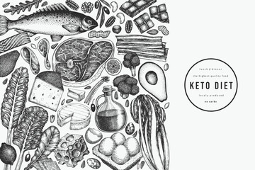 Keto Diet Design Template. Vector Hand Drawn Healthy Food Banner. Vintage Style Ketogenic Menu Illustration.