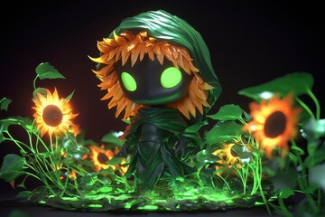 Dark Fantasy Character with Sunflower Head in a Garden