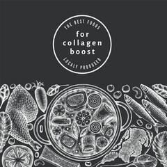 Collagen Diet Chalk Board Design Template. Vector Hand Drawn Healthy Food Banner. Vintage Style Collagen Bust Menu Illustration.