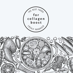 Collagen Diet Design Template. Vector Hand Drawn Healthy Food Banner. Vintage Style Collagen Bust  Menu Illustration.