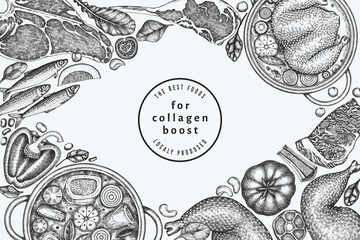 Collagen Diet Design Template. Vector Hand Drawn Healthy Food Banner. Vintage Style Collagen Bust  Menu Illustration.