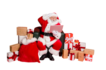 Full body photo of impressed santa claus in hat with eyewear eyeglasses read noel news on his laptop feel stupor isolated over red background