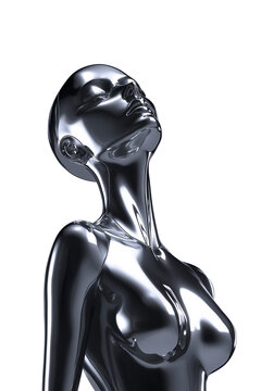 Futuristic 3D chrome woman body mannequin. Sleek polished glossy metal female sculpture with reflections. Ai generated