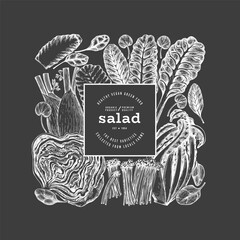 Green Vegetable Design Template. Vector Hand Drawn Healthy Leaf Salad Banner. Vintage Style Menu IllustrationOn Chalk Board.