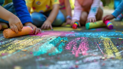 Obraz premium Children draw on the sidewalk with colorful chalk.
