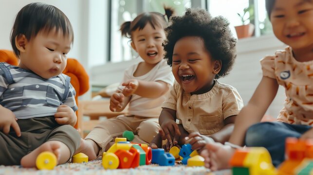 A group of diverse toddlers play with colorful blocks in a daycare setting.