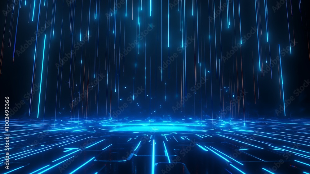 Poster futuristic blue digital data stream with glowing particles and lines, creating a mesmerizing visual 