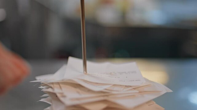 Closeup bills skewered spike at busy restaurant kitchen. Paper receipts stacked 