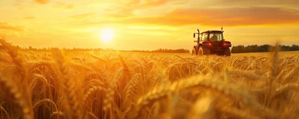 Fototapeta premium Tractor working in a golden wheat field at sunset with warm colors accentuating the harvest.