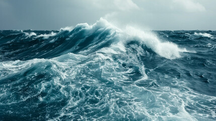 Mighty ocean waves crashing under a cloudy sky during a storm in the open sea