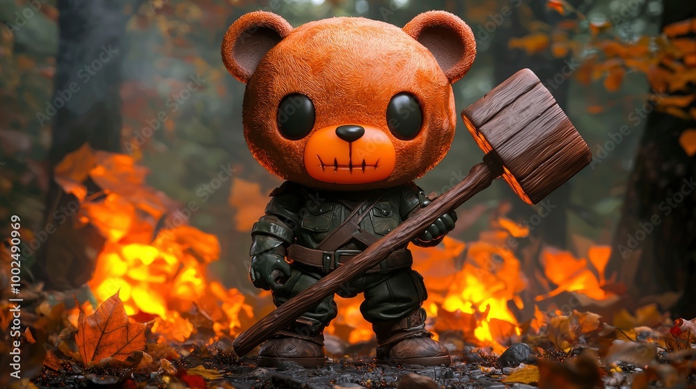 Sticker Bear with a Hammer in a Forest Fire