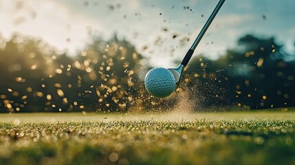 A golf club swinging toward a ball in slow motion, with the grass flying up in the background as the club makes contact.