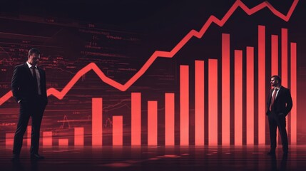 Fototapeta premium Two men standing in front of a red chart with a downward trend