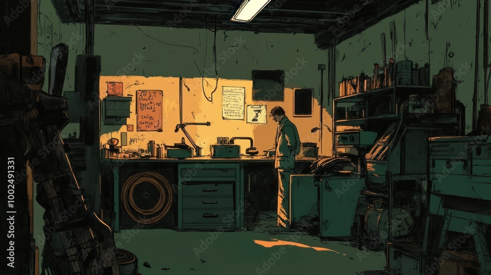 Aufkleber Man in a dimly lit workshop, working at a workbench with a toolbox and shelves in the background