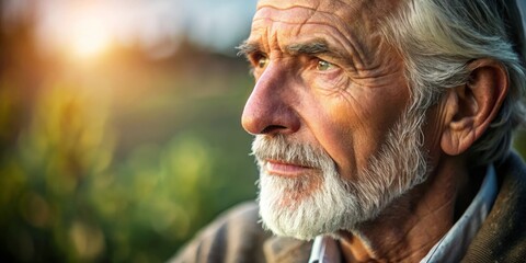 A contemplative older gentleman gazes off-camera, features softly illuminated in natural light against a gentle,