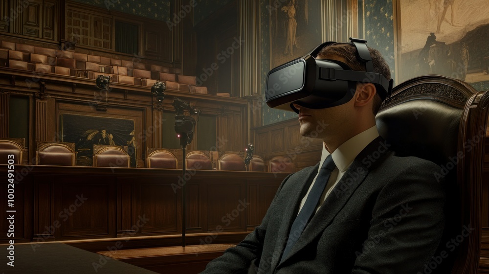Poster a man in a suit wearing virtual reality goggles in a formal setting