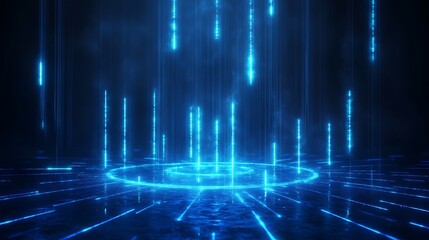 Fototapeta premium Futuristic blue light beams illuminating a circular floor in a dark space.