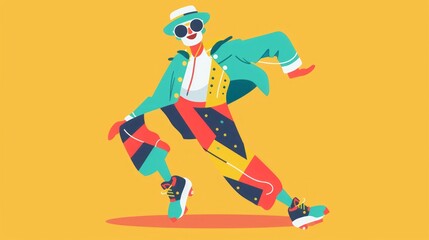 Vibrant modern dancer in colorful outfit and hat on yellow background.