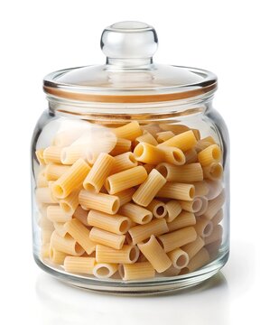 rigatone pasta in a glass jar with a lid, isolated on white background